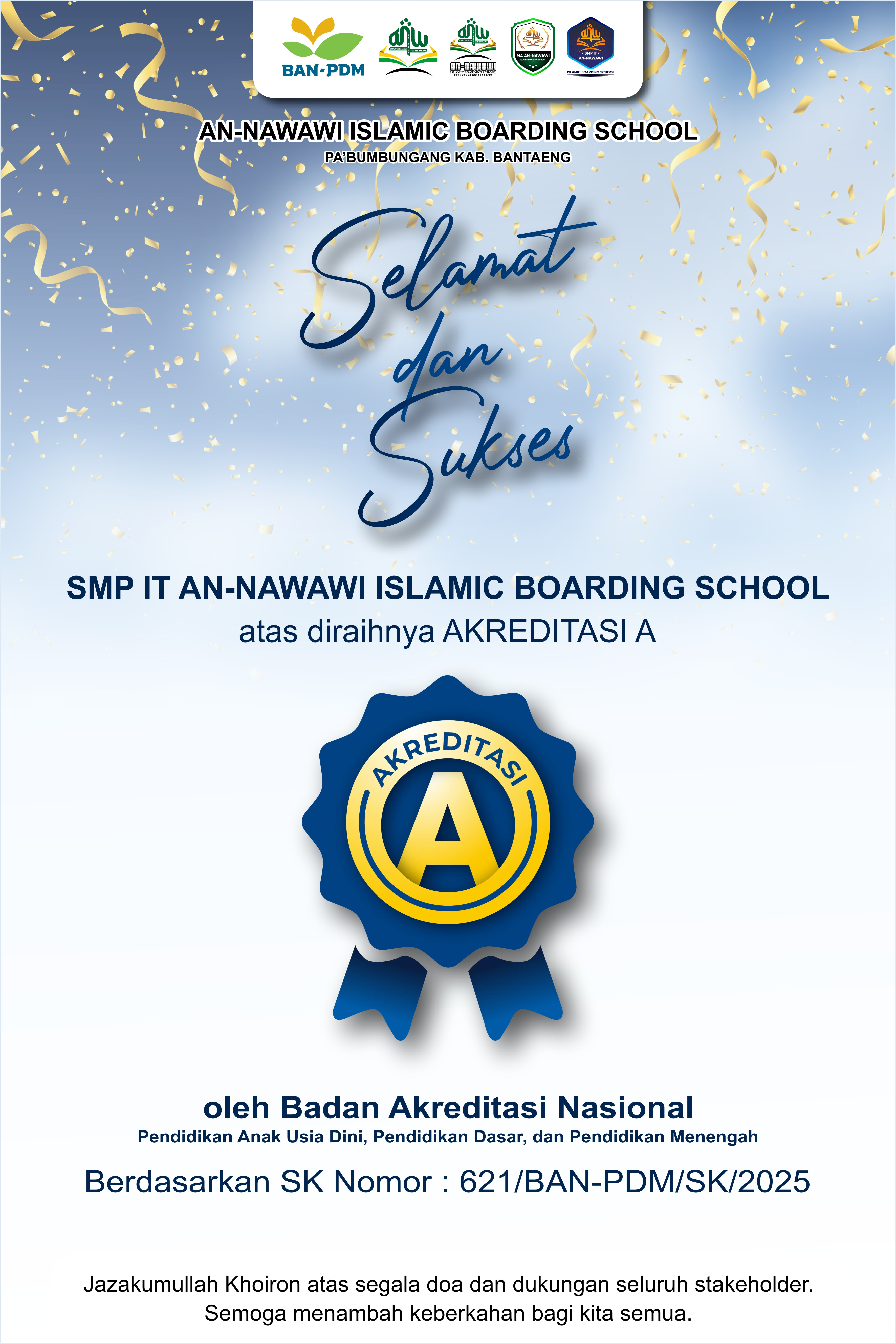 SMP IT An-Nawawi Islamic Boarding School Resmi Meraih Akreditasi "A" dari BAN-PDM